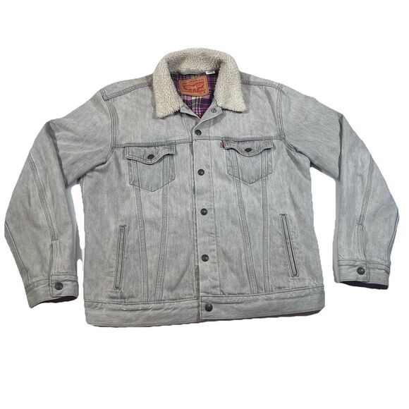 Levi's Jackets & Blazers - Levi's Flannel Lined Washed Gray Denim Trucker Jacket Sherpa Collar Women's Med